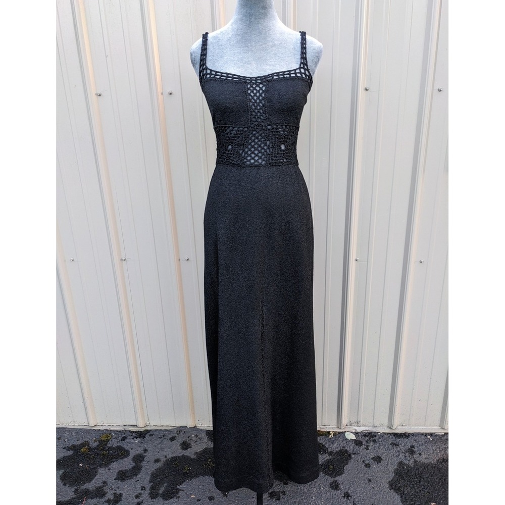 Vintage 70s Black Crochet Knit Maxi Dress XS/S Openwork Whimsigoth Bohemian